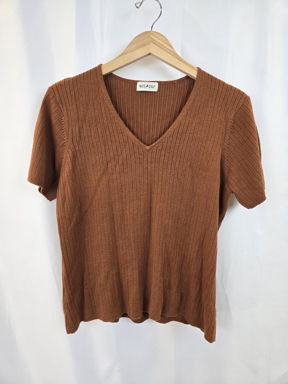 White Stag Sweater Womens Medium Brown V Neck Short Sleeve Ribbed Knit Pullover